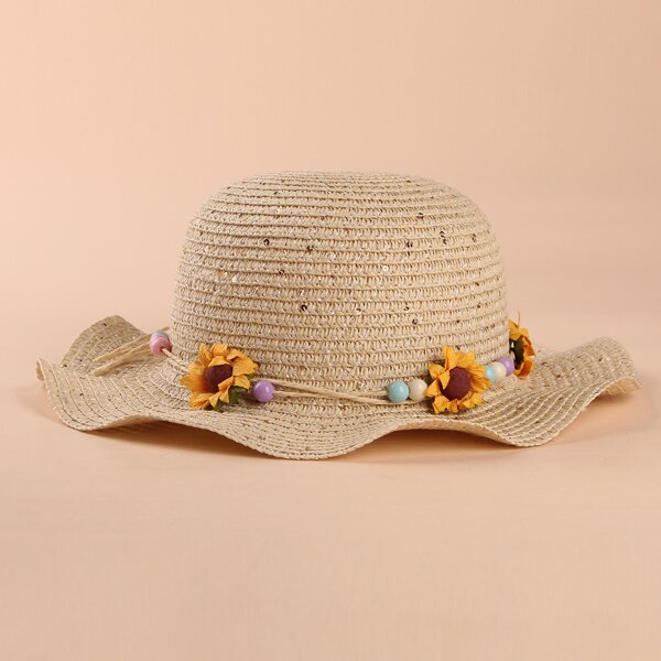 

Toddler Girls Flower Decor Straw Hat, Khaki