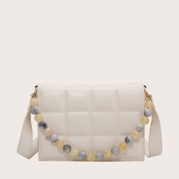 

Faux Pearl Decor Quilted Satchel Bag, Beige