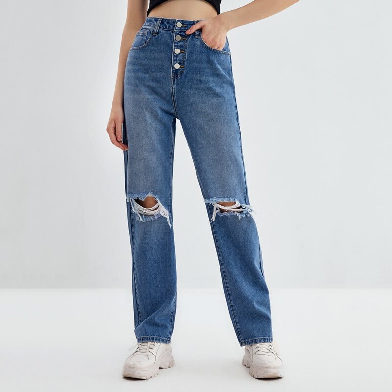 

Ripped Button Fly Jeans, Medium wash