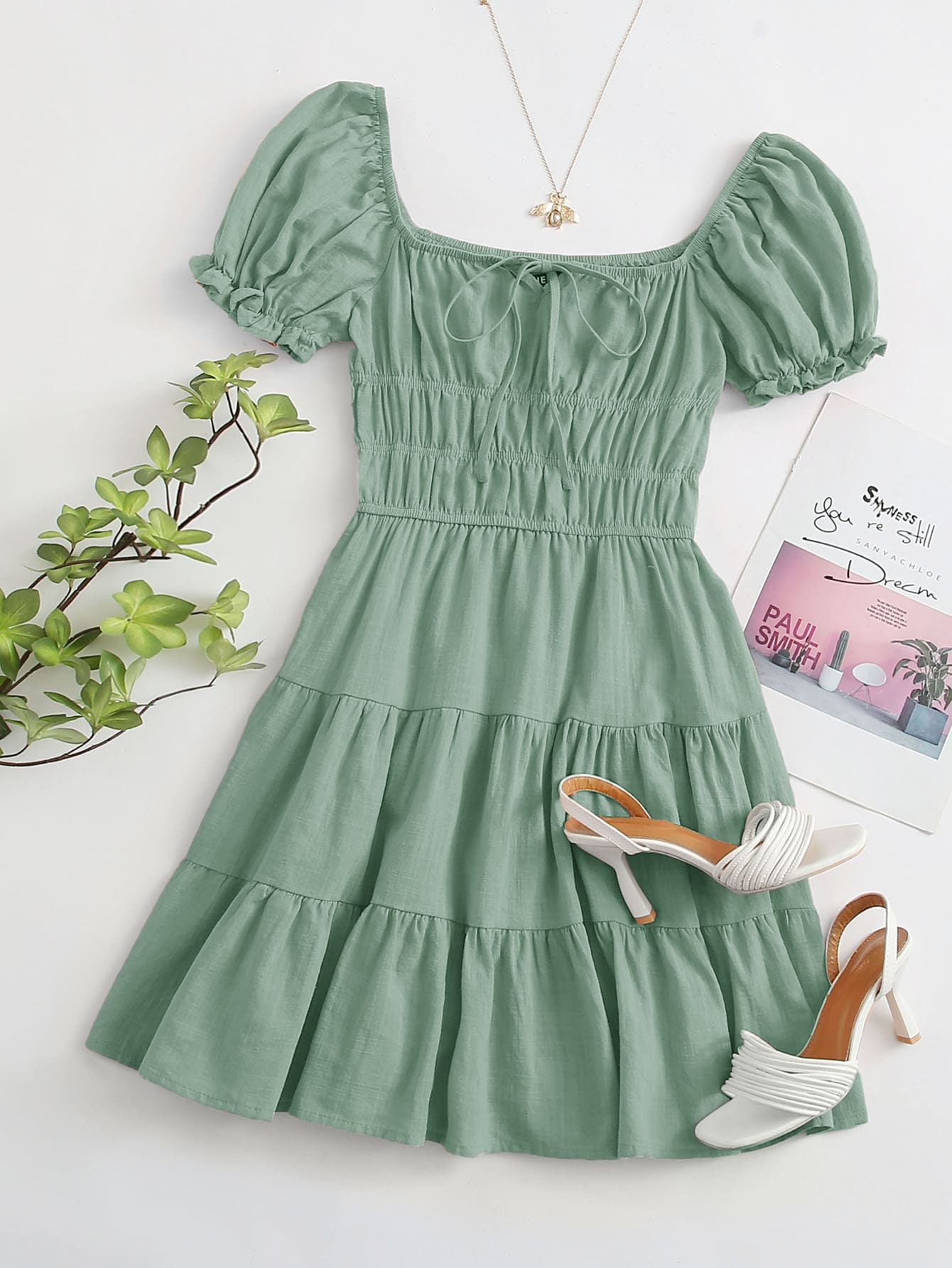 Soleia Tie Neck Ruched Bust Tiered Dress - Mint Green - View 1