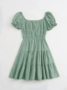 Soleia Tie Neck Ruched Bust Tiered Dress - Mint Green - View 2