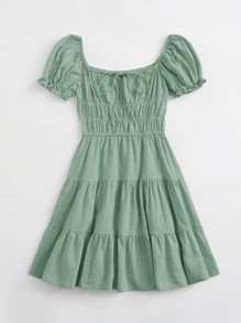 Soleia Tie Neck Ruched Bust Tiered Dress - Mint Green - View 3