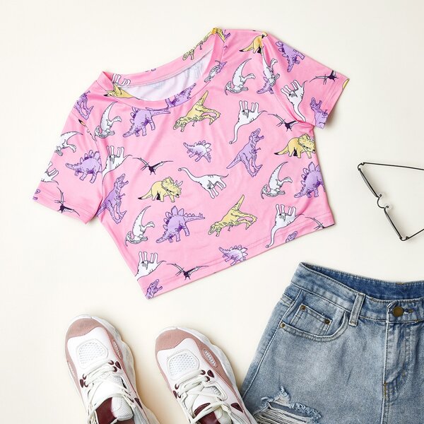 

Cartoon Little Dinosaur Print Crop Tee, Pink