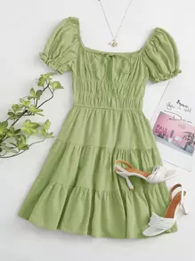 Soleia Tie Neck Ruched Bust Tiered Dress - Lime Green - View 1
