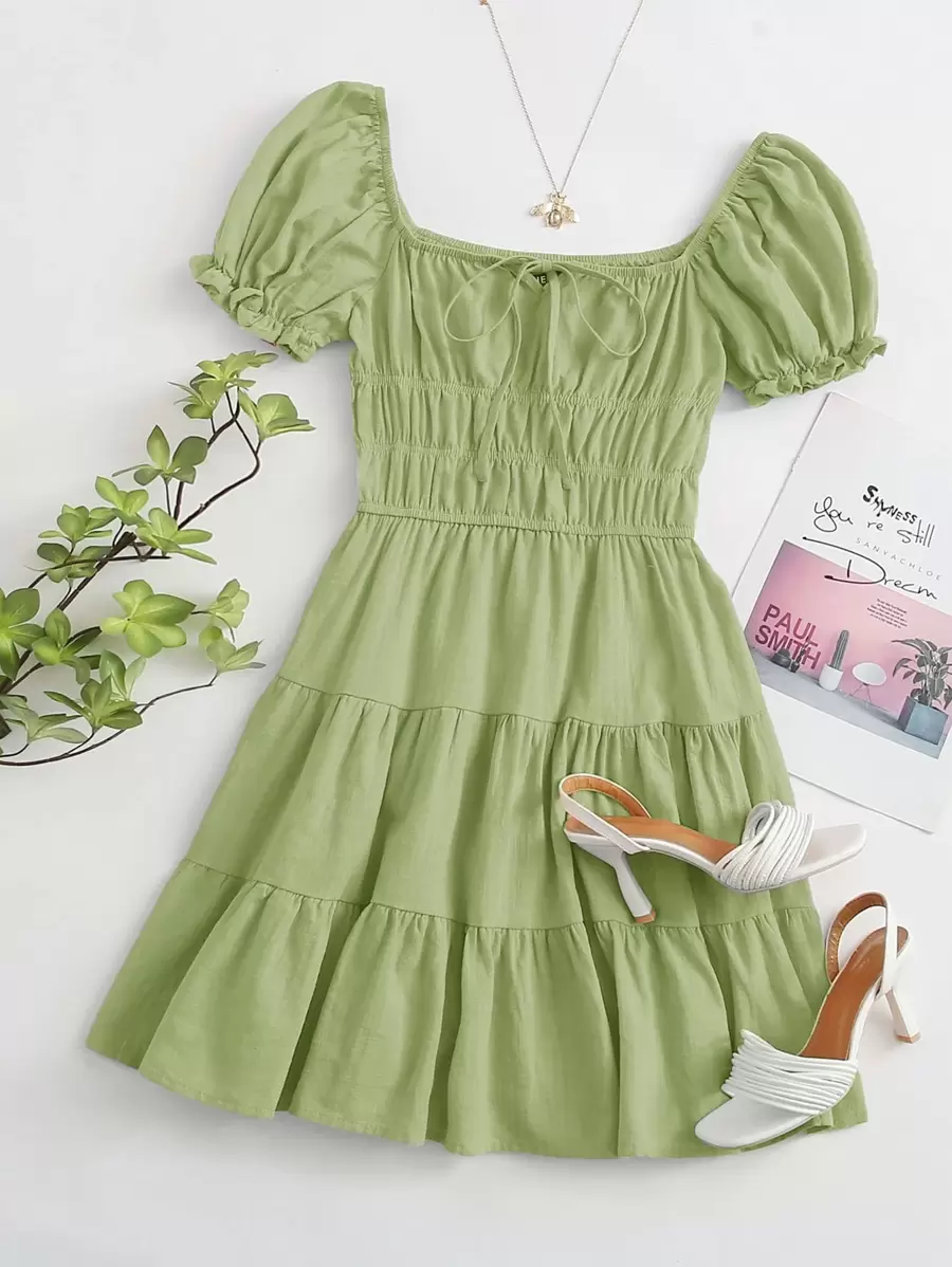 Soleia Tie Neck Ruched Bust Tiered Dress - Lime Green - View 1