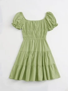 Soleia Tie Neck Ruched Bust Tiered Dress - Lime Green - View 2