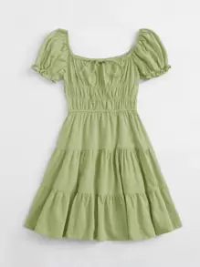 Soleia Tie Neck Ruched Bust Tiered Dress - Lime Green - View 3