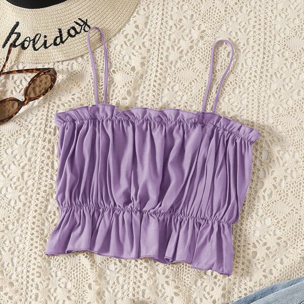 

Frill Trim Ruched Bust Cami Top, Purple