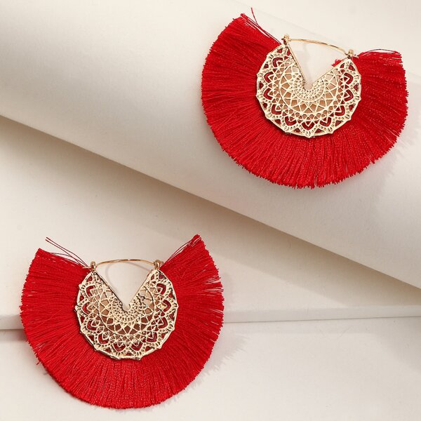 

Tassel Decor Hollow Out Hoop Earrings, Red