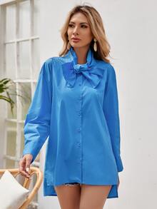 Tie Neck Drop Shoulder Blouse - Blue - View 4