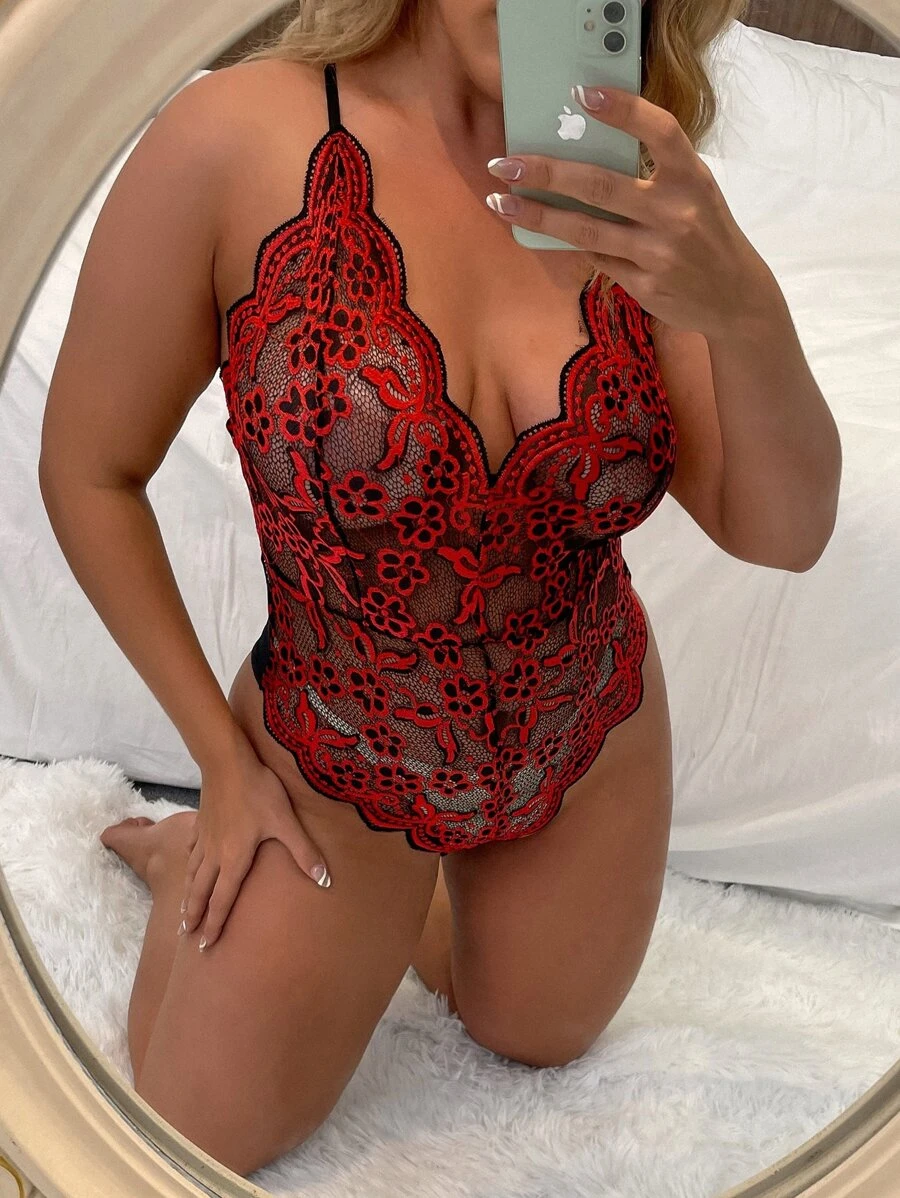 Classic Sexy Áo Lót Gọi cảm Kích Thước Lớn Tương phản Mesh Hoa Gợi cảm - Đỏ - Xem 1