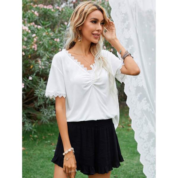 

Lace Insert Ruched Front Tee, White