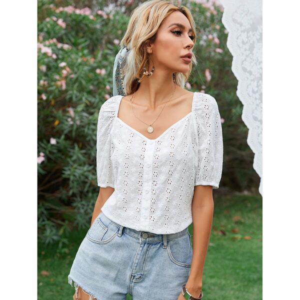

Eyelet Embroidered Button Front Blouse, White