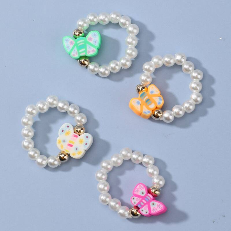 

4pcs Butterfly Decor Beaded Ring, Multicolor