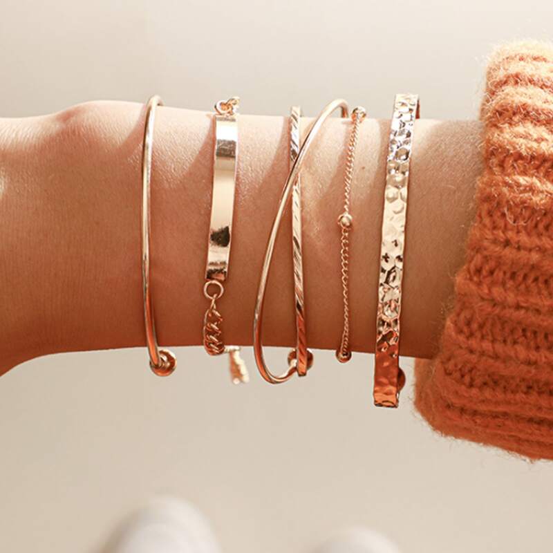 

5pcs Criss Cross Chain Decor Bracelet, Gold