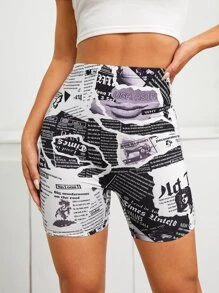 SHEIN Newspaper Print Cycling Shorts - Multicolor - View 3