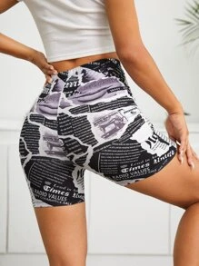 SHEIN Newspaper Print Cycling Shorts - Multicolor - View 2