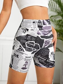 SHEIN Newspaper Print Cycling Shorts - Multicolor - View 5