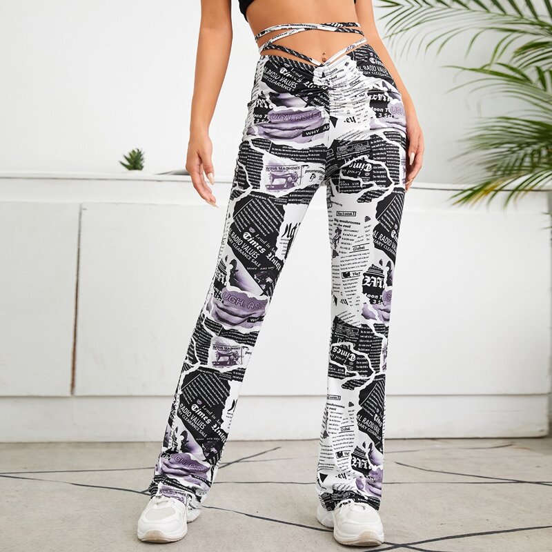 

Ruched Crisscross Tie Back Newspaper Print Pants, Multicolor