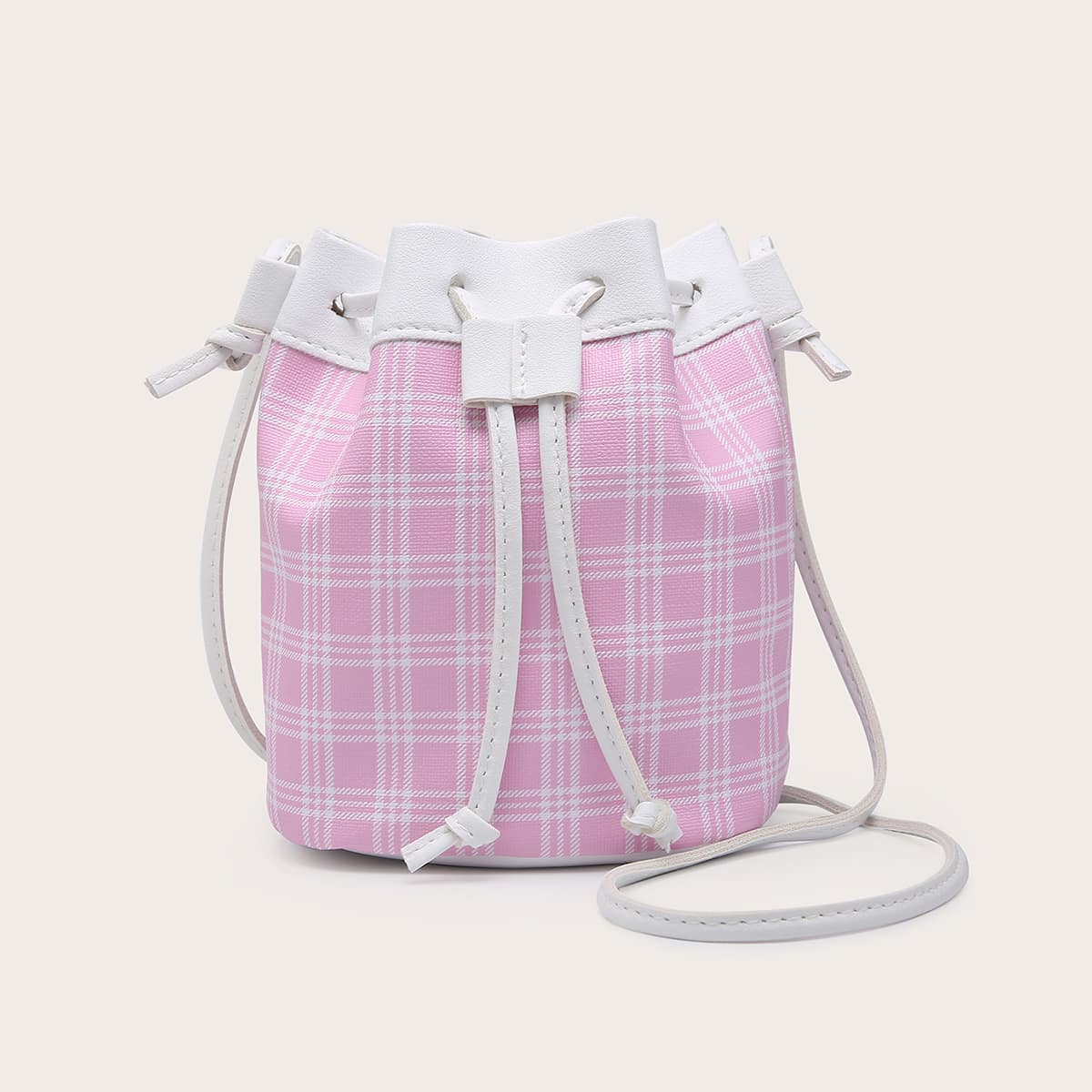 

Plaid Drawstring Bucket Bag, Pink