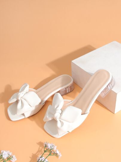 Women Bow Decor Chunky Heeled Mules, Fashion Summer Heeled Sandals Valentines