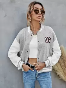 SHEIN Essnce Number Patched Colour Block Varsity Jacket - Light Grey - View 1