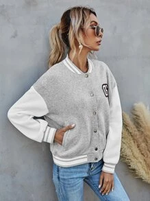 SHEIN Essnce Number Patched Colour Block Varsity Jacket - Light Grey - View 3