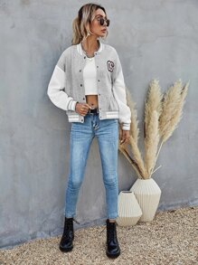 SHEIN Essnce Number Patched Colour Block Varsity Jacket - Light Grey - View 4