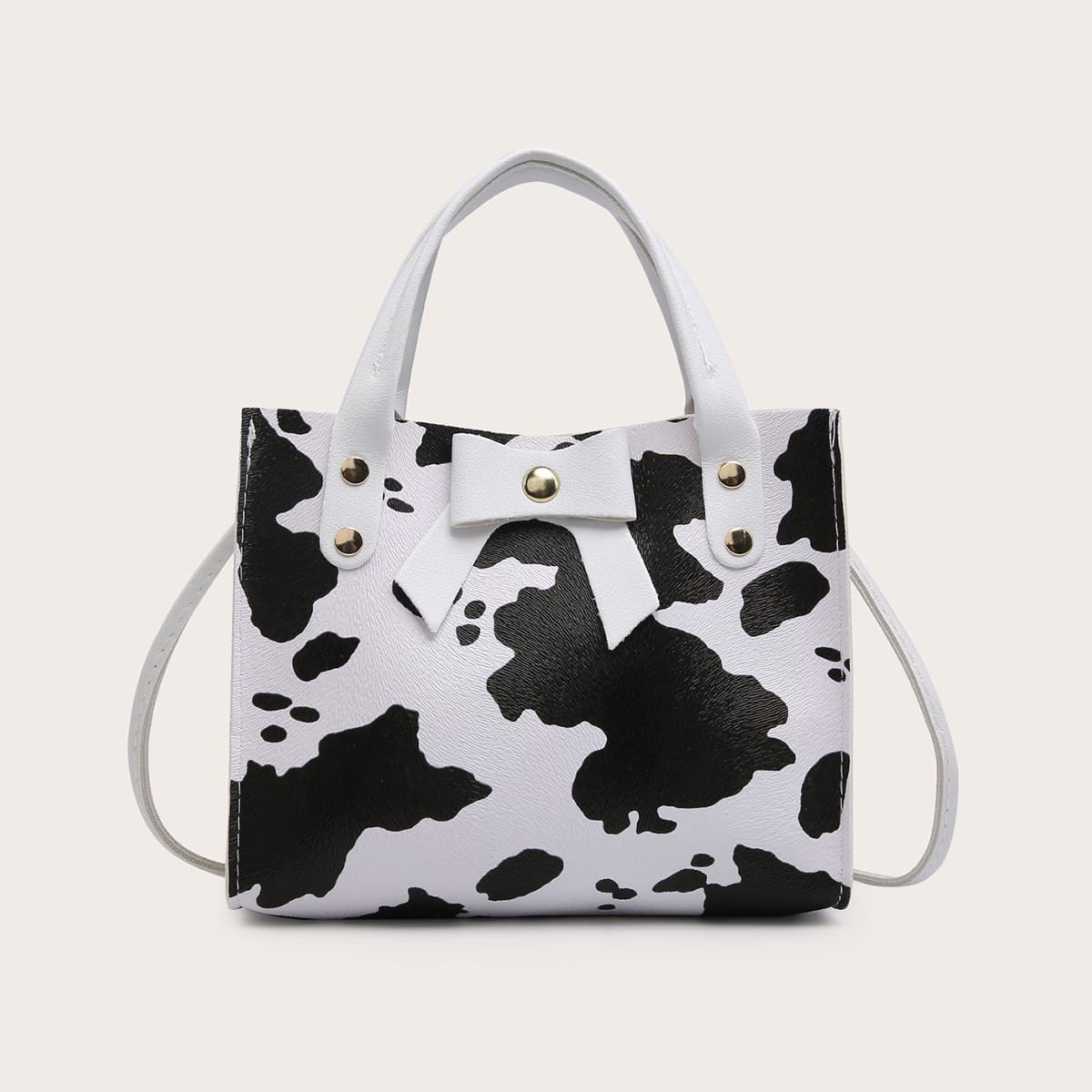 

Cow Print Satchel Bag, Black and white