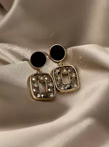 Andkiss Rhinestone Decor Drop Earrings - Black - View 2