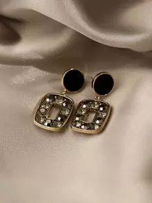 Andkiss Rhinestone Decor Drop Earrings - Black - View 3