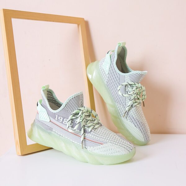 

Lace Up Decor Knit Running Shoes, Mint green