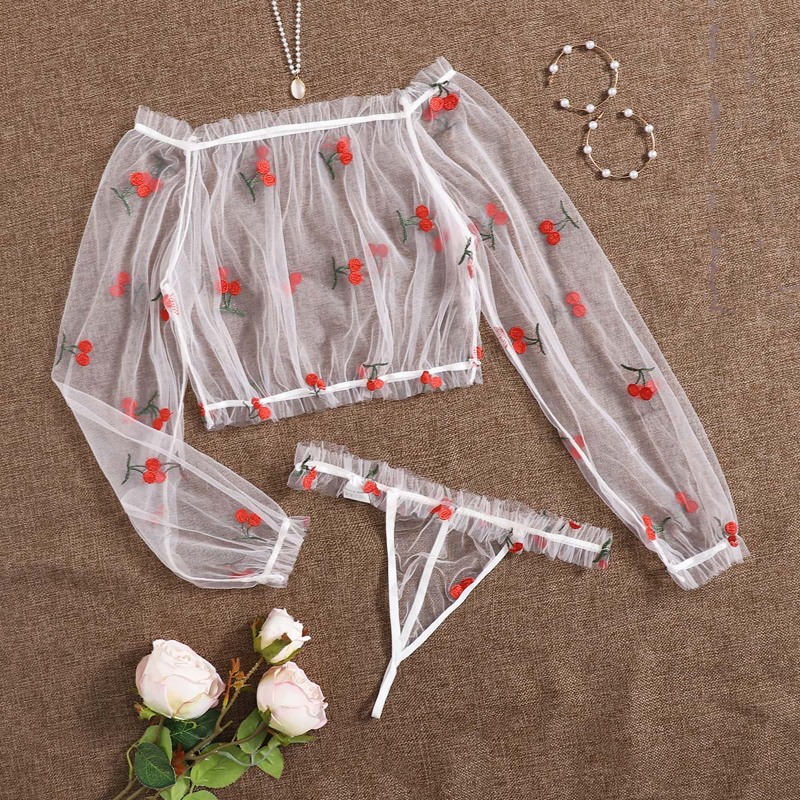 

Cherry Embroidered Mesh Bardot Lingerie Set, Baby pink