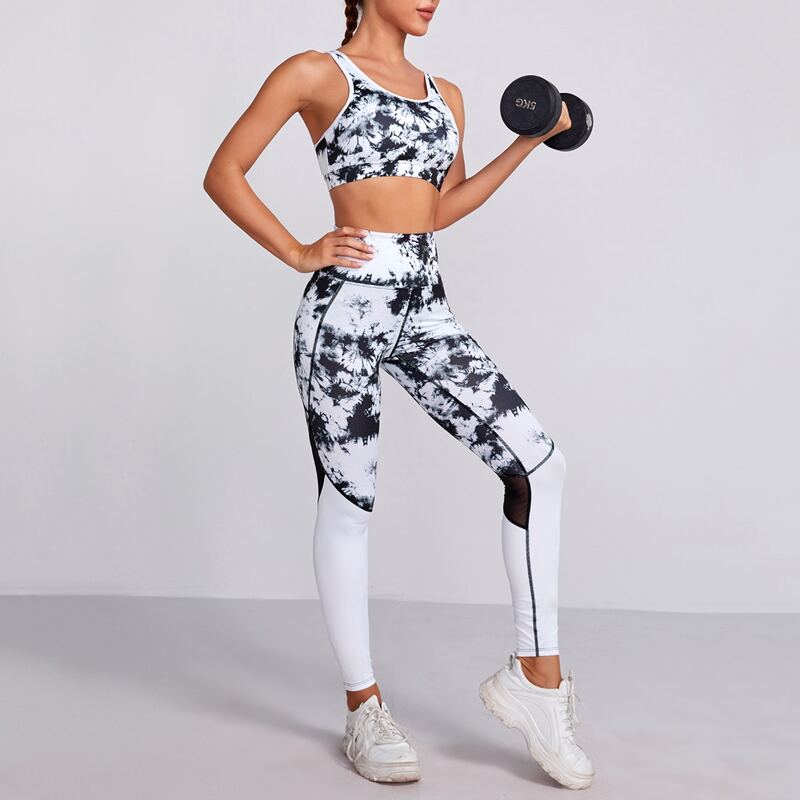 

Tie Dye Criss Cross Contrast Mesh Sports Set, Black and white