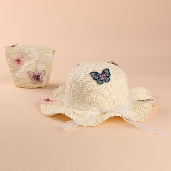 

Toddler Girls Butterfly Decor Straw Hat & Bag, Beige