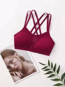 Criss Cross Back Fishnet Sports Bra - Burgundy - View 1