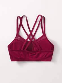 Criss Cross Back Fishnet Sports Bra - Burgundy - View 2