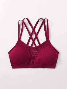 Criss Cross Back Fishnet Sports Bra - Burgundy - View 4