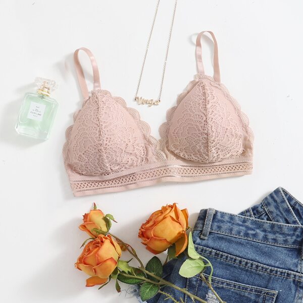 

Floral Lace Scallop Trim Bralette, Pink