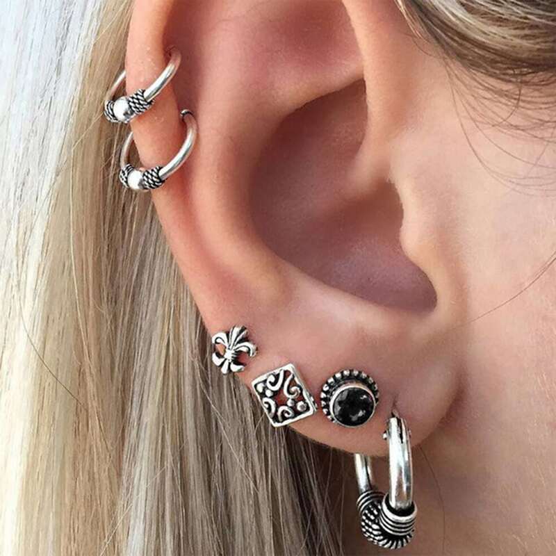 

6pcs Textured Vintage Earrings, Silver