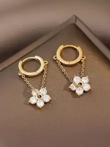 水鑽花朵裝飾耳環 - 金黃色 - 查看 1