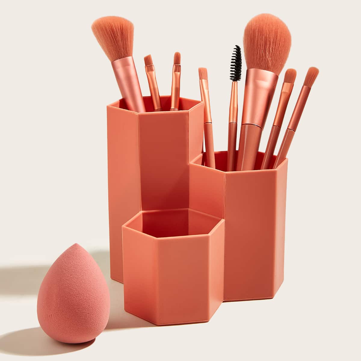 

8pcs Makeup Brush With Storage Box & Sponge, Coral orange