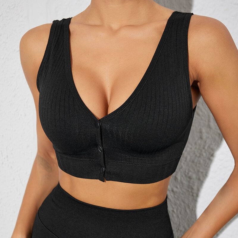 Medium Support Button Front Rib-knit Sports Bra, Black