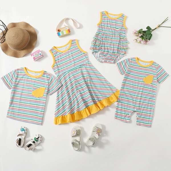 

Baby Boy Striped Pocket Patched Romper, Multicolor
