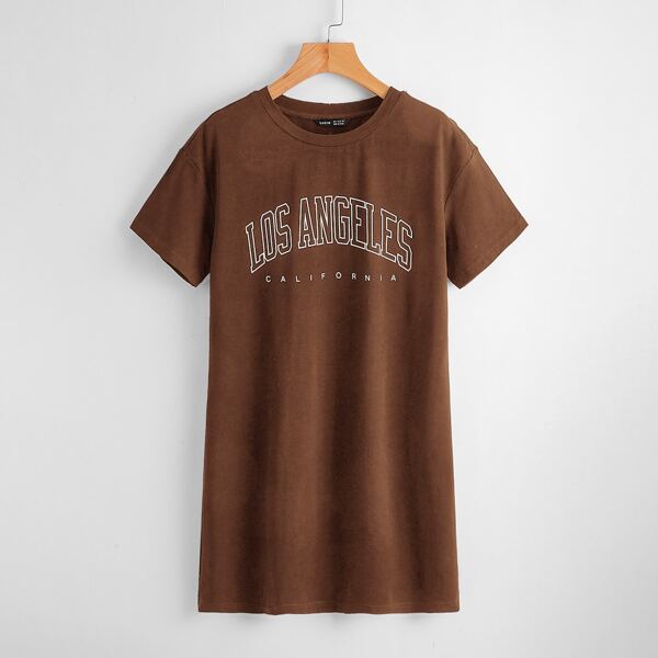 

Drop Shoulder Letter Graphic Tee Dress, Coffee brown