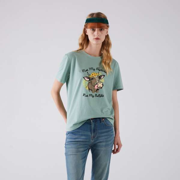 

Cartoon & Letter Graphic Tee, Mint green
