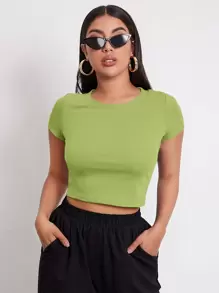 SHEIN Áo thun Gân đan màu trơn Giải trí - Màu xanh chanh - Xem 1