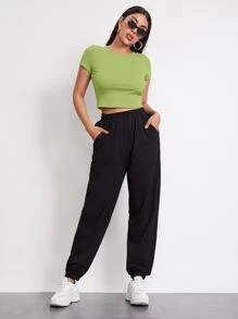 SHEIN Áo thun Gân đan màu trơn Giải trí - Màu xanh chanh - Xem 3