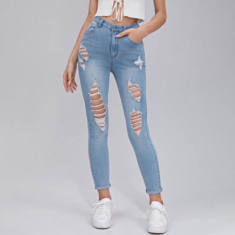 

High Waisted Ripped Skinny Jeans, Light wash