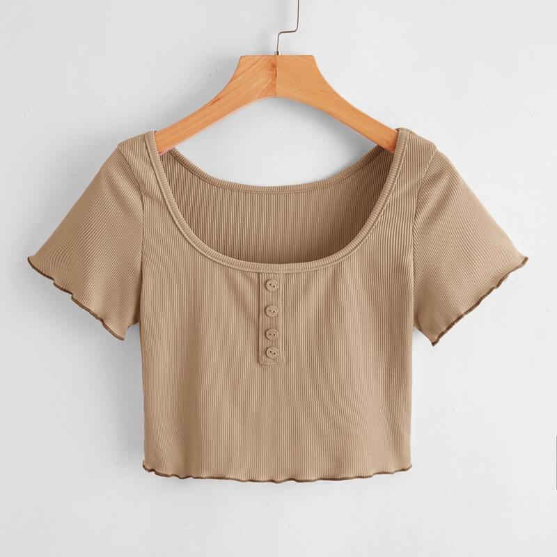 

Solid Button Ribbed Tee, Khaki